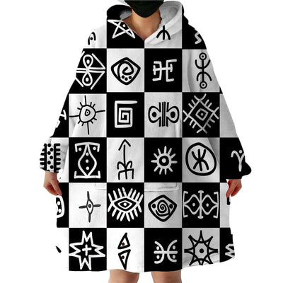 Black and White Aztec Symbols Hoodie Blanket